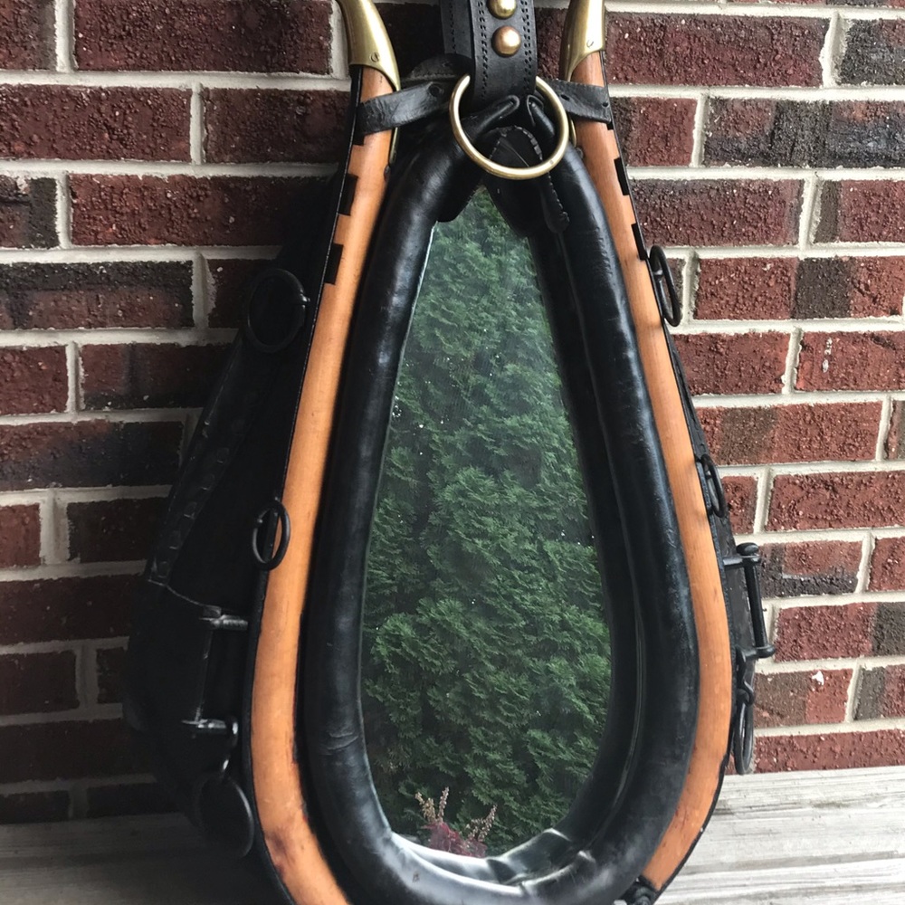 Antique horse collar mirror leather wood brass